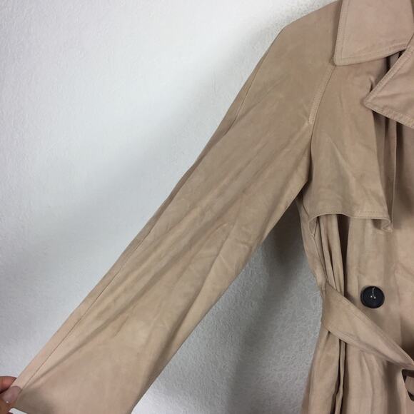 Zara Tan Trench Coat XS Faux Suede Double Breasted Belted Classic Mid Length - Picture 9 of 16